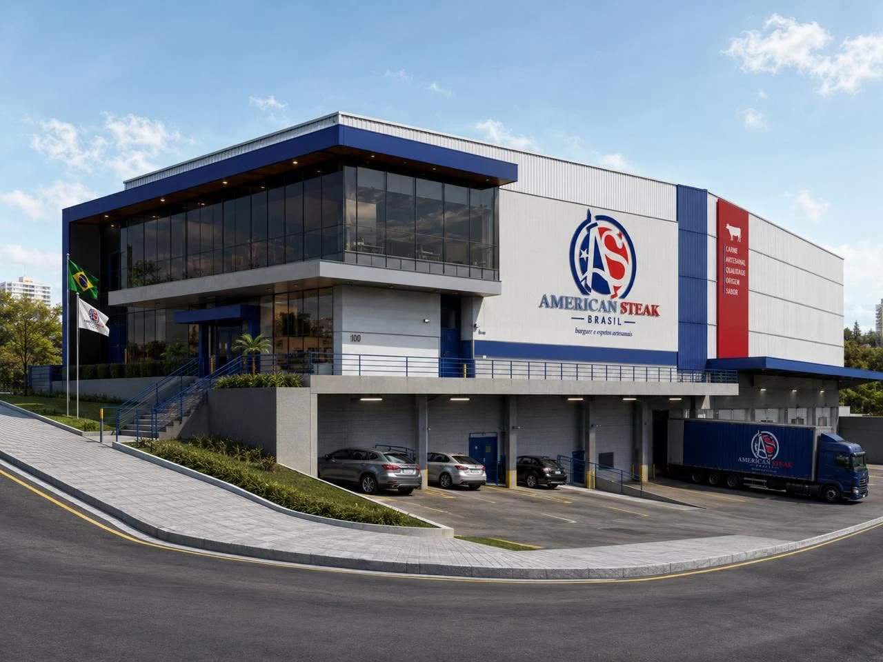 Projeto das futuras instalações da American Steak Brasil, com fachada, entrada e área de carga