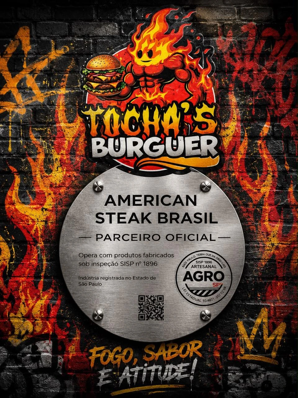 Arte de parceiro oficial Tocha’s Burguer, com referência aos produtos ASB fabricados sob inspeção SISP 1896